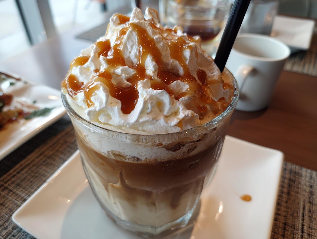 Close-up of a refreshing Creme Brulee Iced Coffee topped with whipped cream and caramel drizzle.
