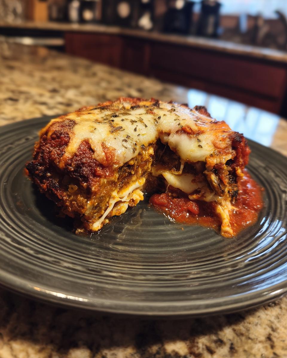 A close-up of a delicious slice of crispy Eggplant Parmesan, with melted cheese and marinara sauce.