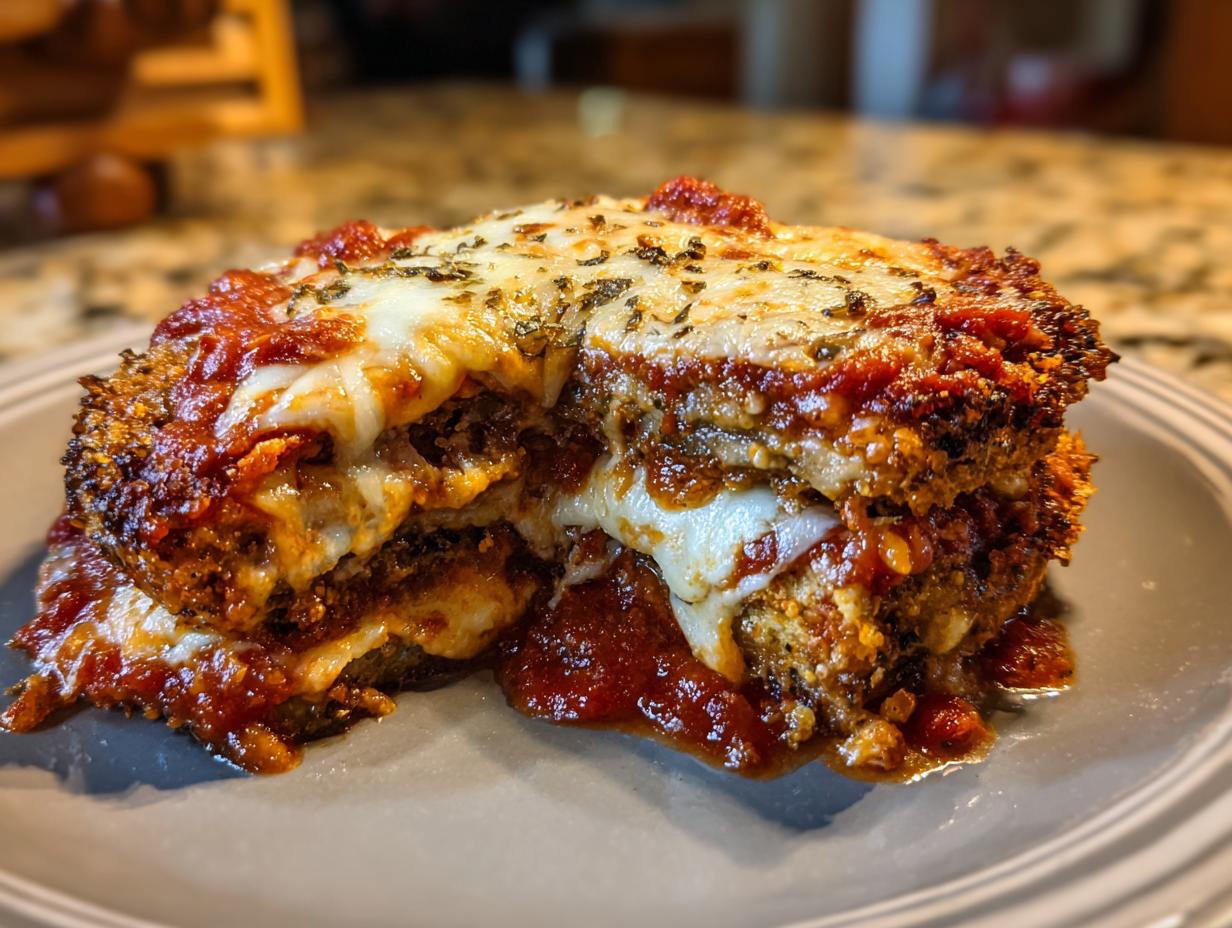 Close-up of a slice of crispy Eggplant Parmesan, layered with marinara sauce and melted mozzarella cheese.