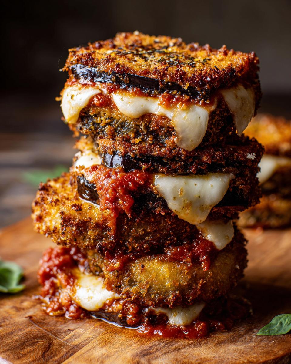A tall stack of crispy fried Eggplant Parmesan layers, oozing with melted mozzarella cheese and marinara sauce.