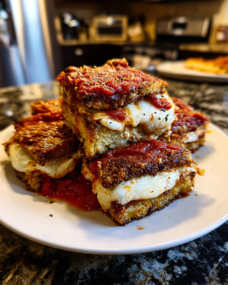A close-up of stacked slices of crispy Eggplant Parmesan, featuring melted mozzarella cheese and rich tomato sauce.