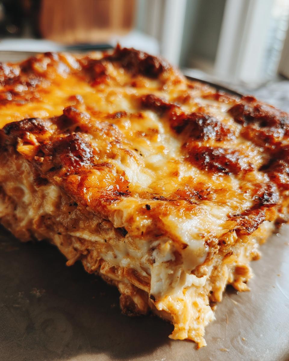 A close-up view of a hearty slice of crockpot chicken enchilada casserole, featuring melted cheese and shredded chicken.