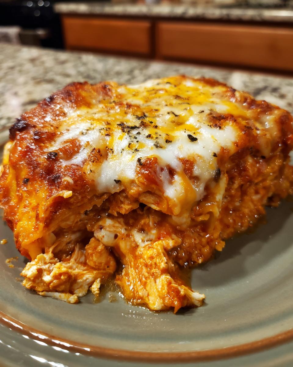 A generous slice of crockpot chicken enchilada casserole with melted cheese and shredded chicken.
