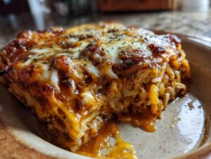 A generous slice of crockpot chicken enchilada casserole, featuring shredded chicken, enchilada sauce, and melted cheese.