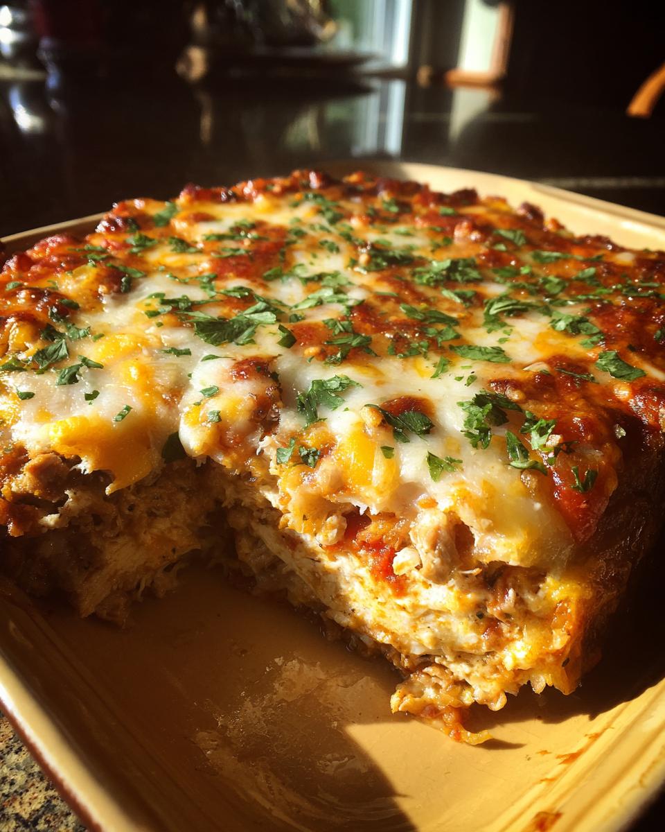 A slice of delicious crockpot chicken enchilada casserole with melted cheese and parsley.