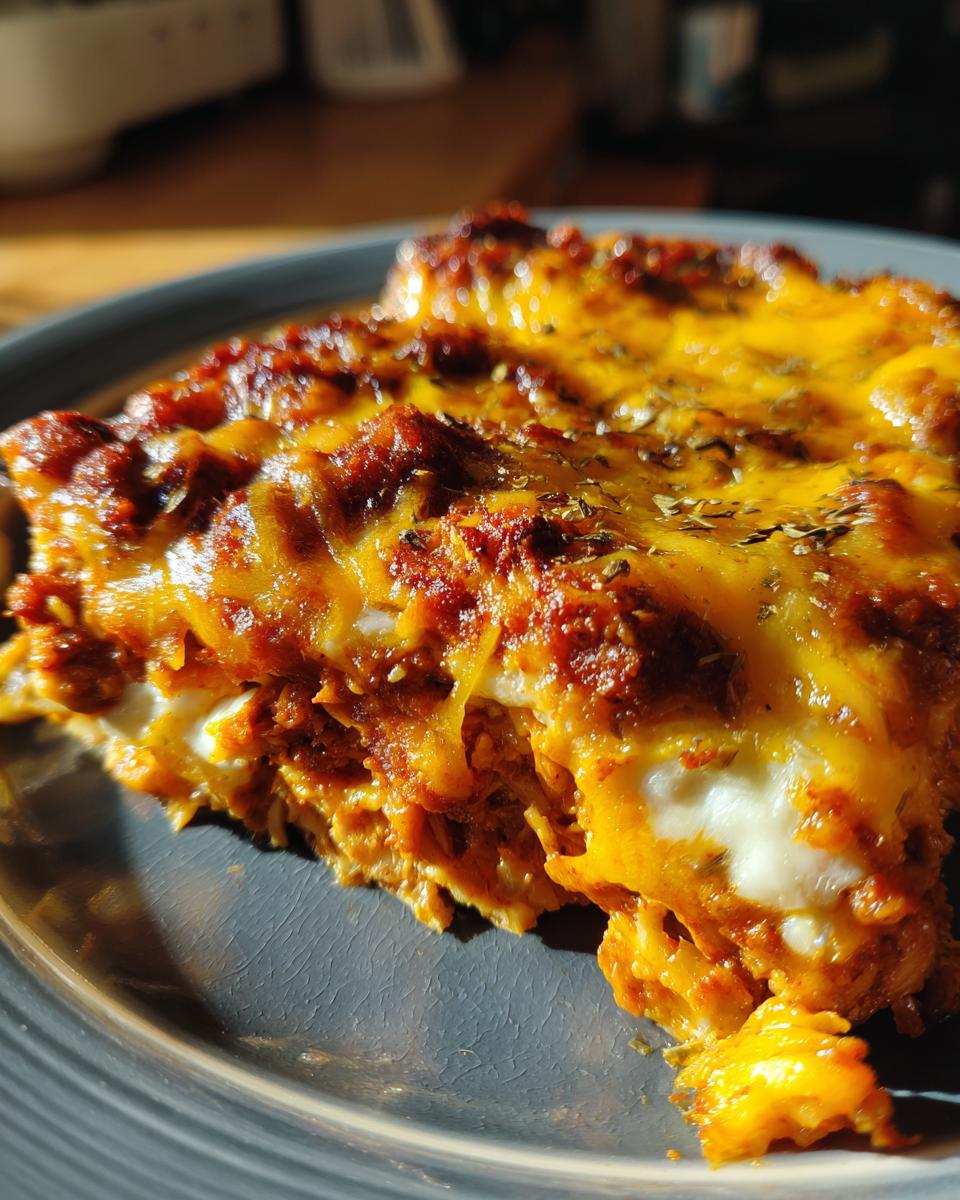 A close-up of a slice of crockpot chicken enchilada casserole, topped with melted cheese and herbs.