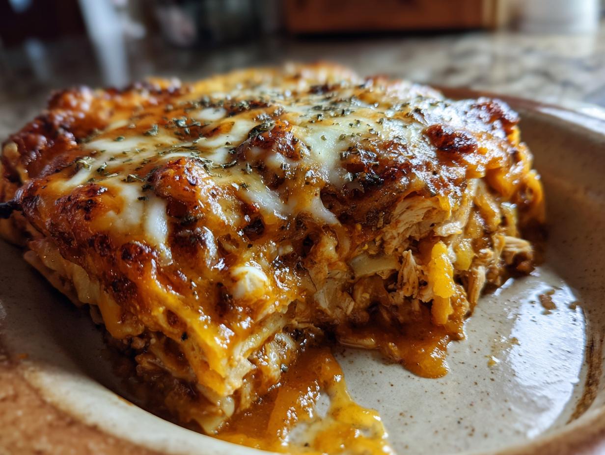 A generous slice of crockpot chicken enchilada casserole, featuring shredded chicken, enchilada sauce, and melted cheese.