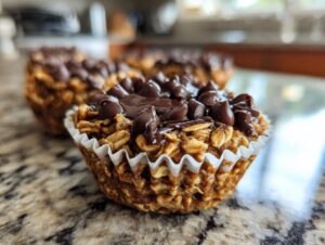 Close-up of a dark chocolate oatmeal cup, topped with melted chocolate and chocolate chips.
