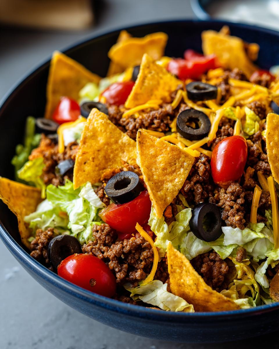 Close-up of a bowl of Dorito Taco Salad with seasoned ground beef, shredded lettuce, tomatoes, olives, and tortilla chips.