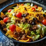 A close-up of a hearty Dorito Taco Salad in a black bowl, featuring lettuce, seasoned ground beef, shredded cheese, cherry tomatoes, and black olives.