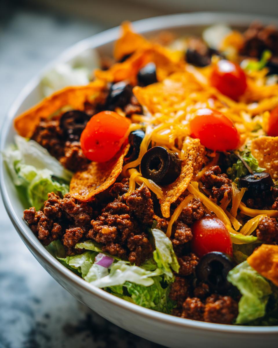 A close-up of a delicious Dorito Taco Salad in a white bowl, featuring seasoned ground beef, shredded lettuce, cherry tomatoes, black olives, and crushed Doritos.