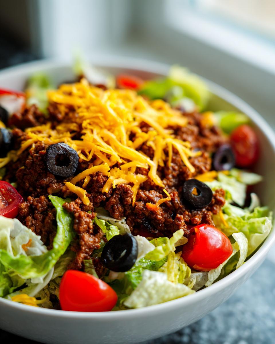 A close-up of a bowl of Dorito Taco Salad, featuring seasoned ground beef, shredded lettuce, cherry tomatoes, black olives, and shredded cheddar cheese.