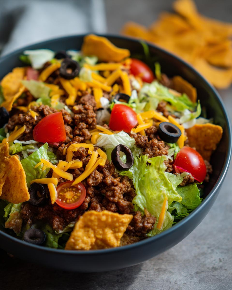Close-up of a bowl of Dorito Taco Salad, featuring seasoned ground beef, lettuce, tomatoes, olives, cheese, and crushed Doritos.
