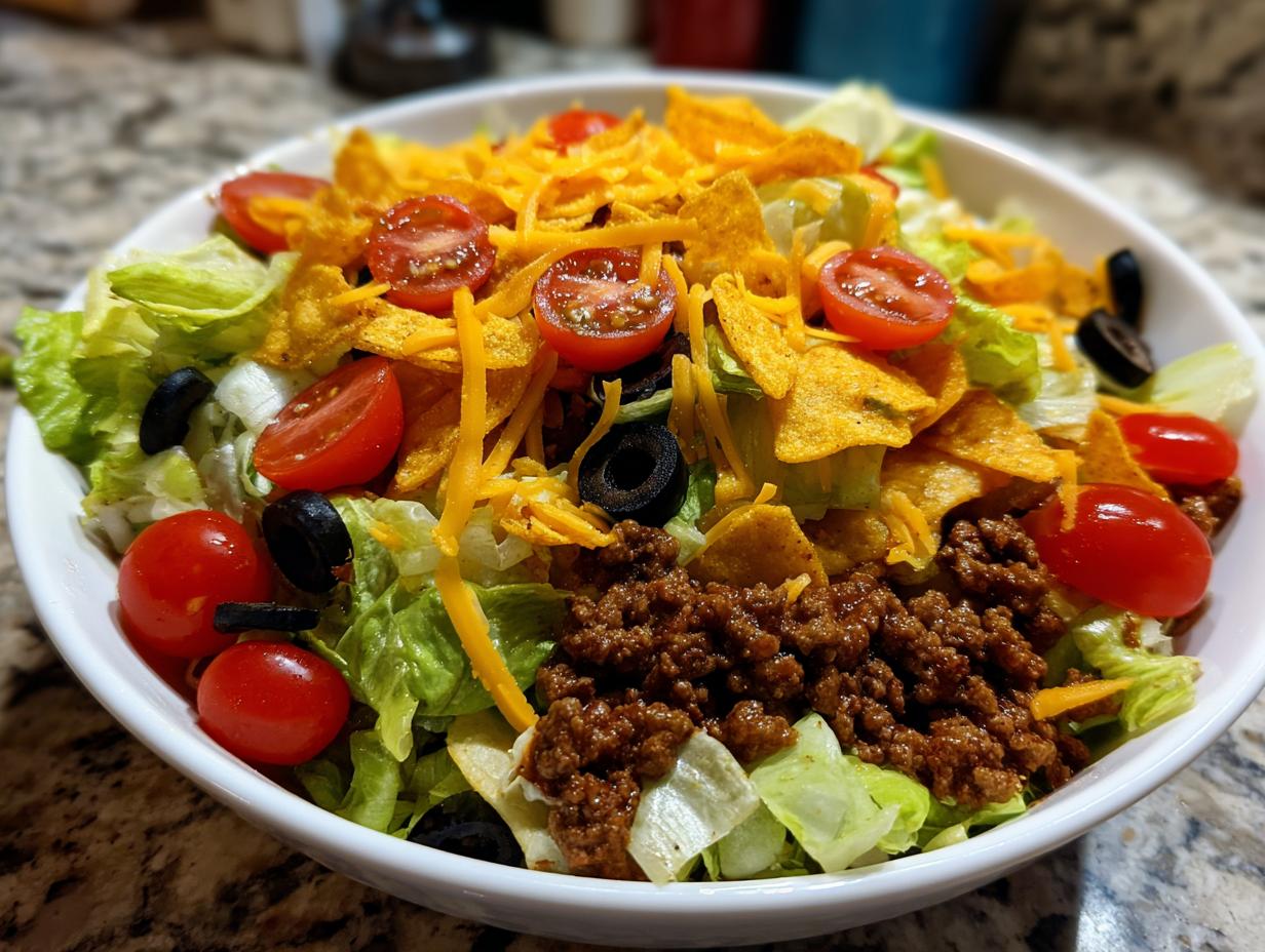 A close-up of a vibrant Dorito Taco Salad featuring seasoned ground beef, shredded lettuce, cherry tomatoes, black olives, and crushed Doritos.