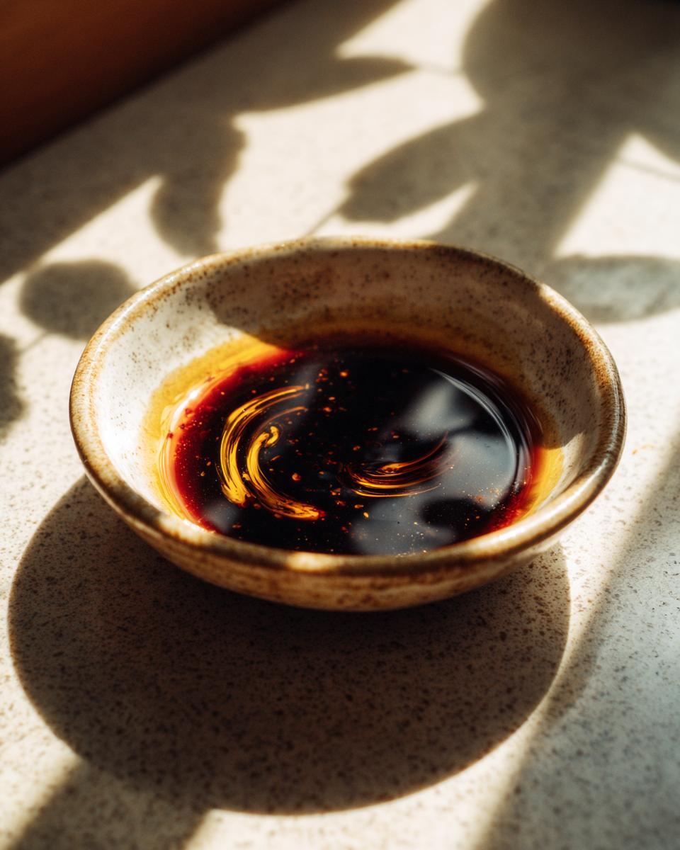 A close-up of a small, rustic bowl filled with a rich, dark dumpling sauce, swirled with golden chili oil.