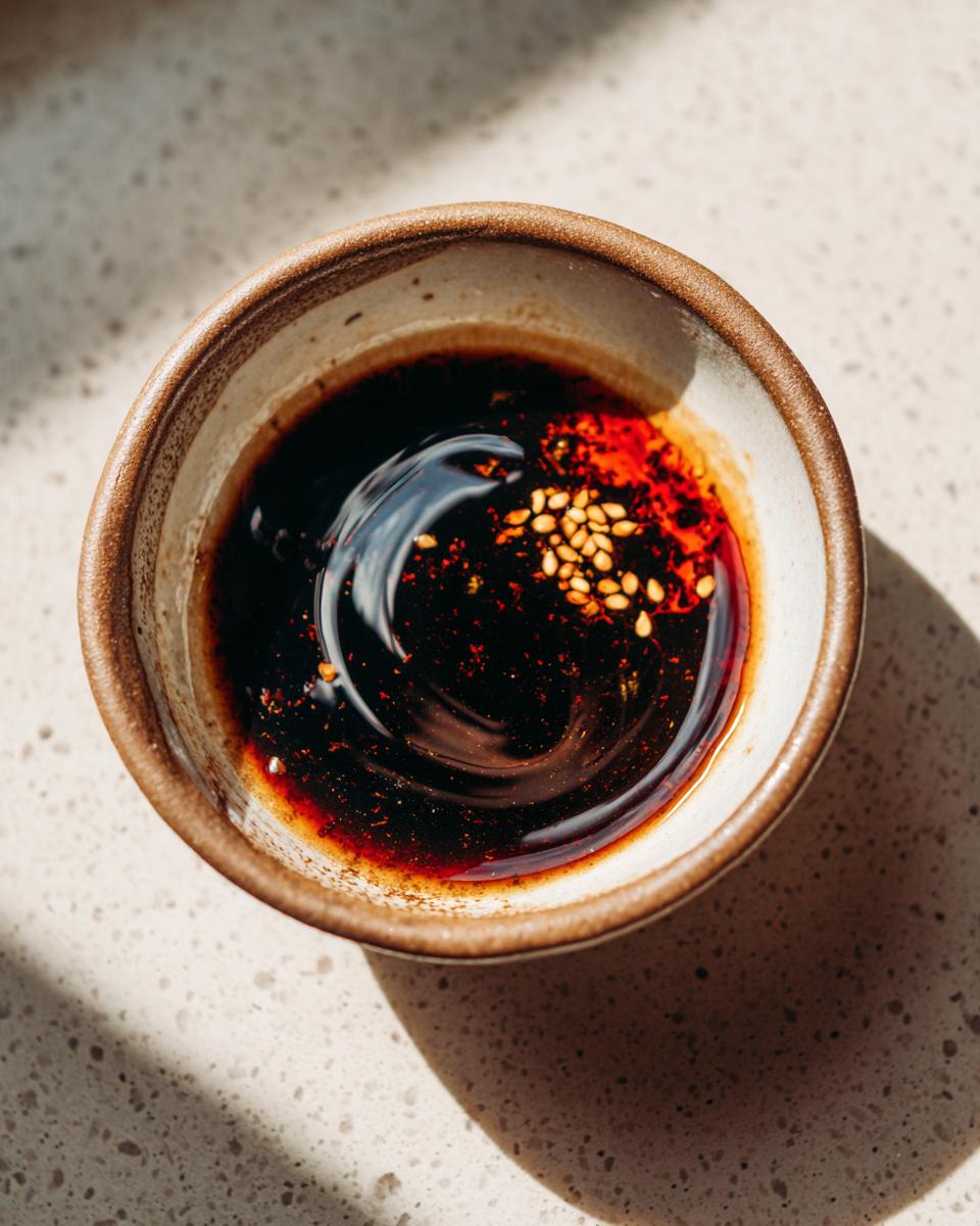 Close-up overhead shot of a small ceramic bowl filled with rich, dark Dumpling Sauce, sprinkled with sesame seeds and chili flakes.