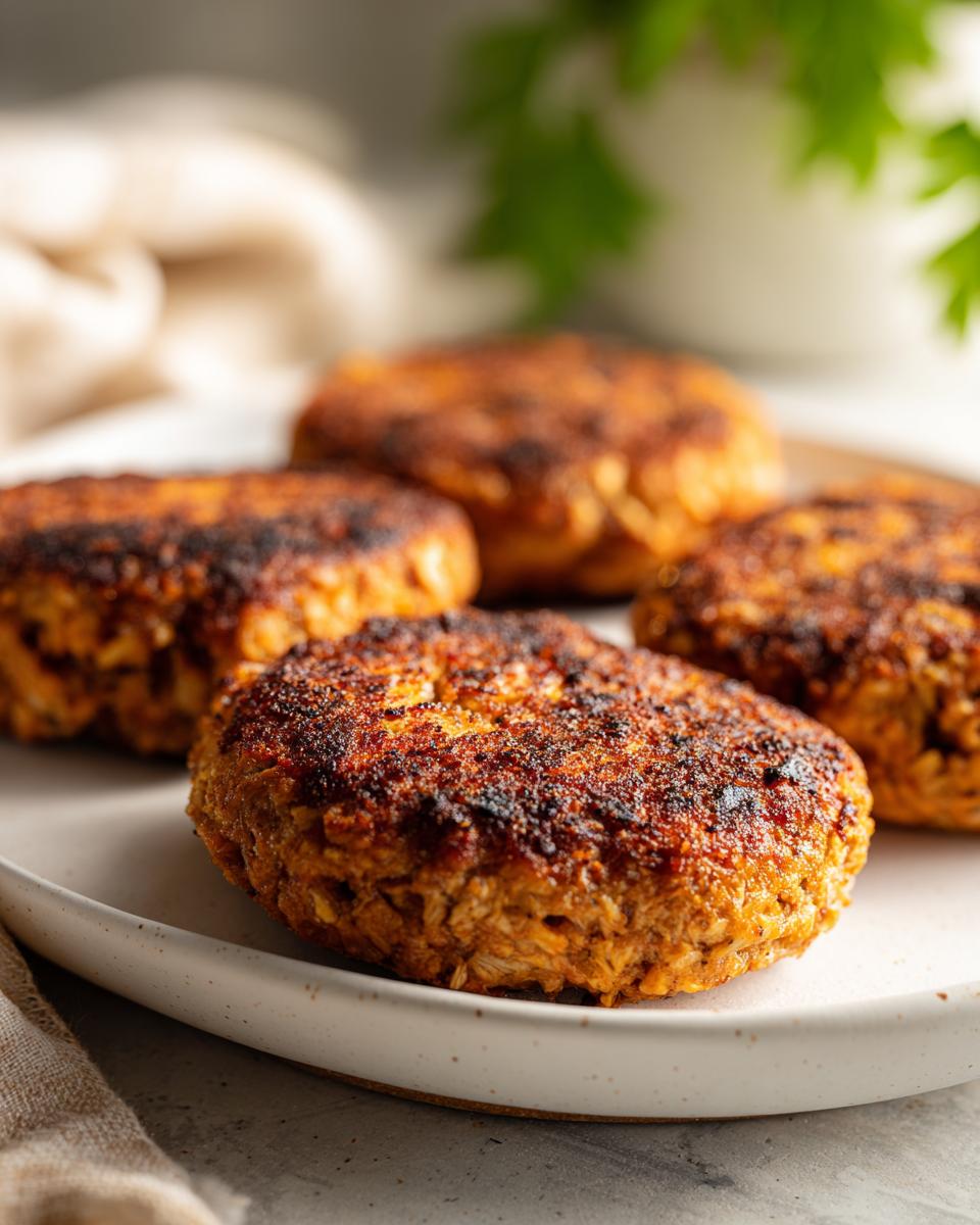 Close-up of four golden brown tuna patties on a white plate, with a hint of parsley in the background.