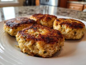 Close-up of four golden brown, pan-fried tuna patties arranged on a white plate.