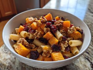 Close-up of a white bowl filled with fall pasta salad, featuring rigatoni pasta, roasted butternut squash cubes, cranberries, and walnuts.