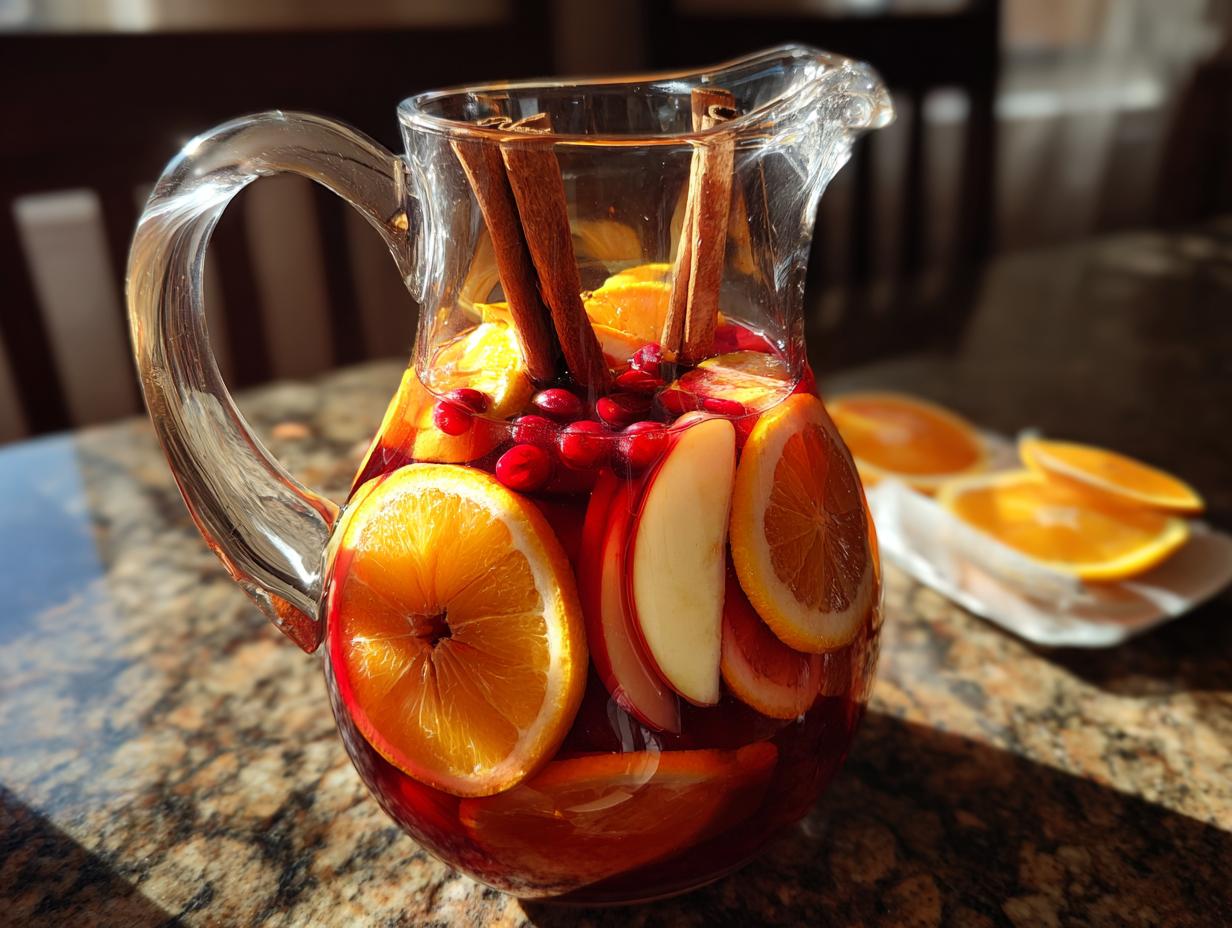 A pitcher filled with vibrant fall sangria, featuring slices of oranges, apples, cranberries, and cinnamon sticks.