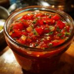 Close-up of a jar filled with vibrant, chunky fresh tomato canned salsa, showing diced tomatoes, cilantro, and onions.