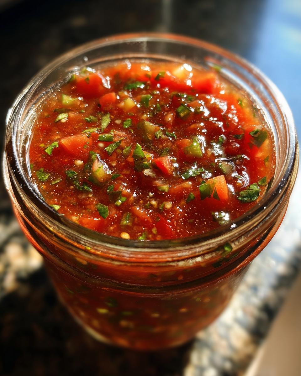 Close-up of a glass jar filled with vibrant Fresh Tomato Canned Salsa, featuring diced tomatoes and herbs.