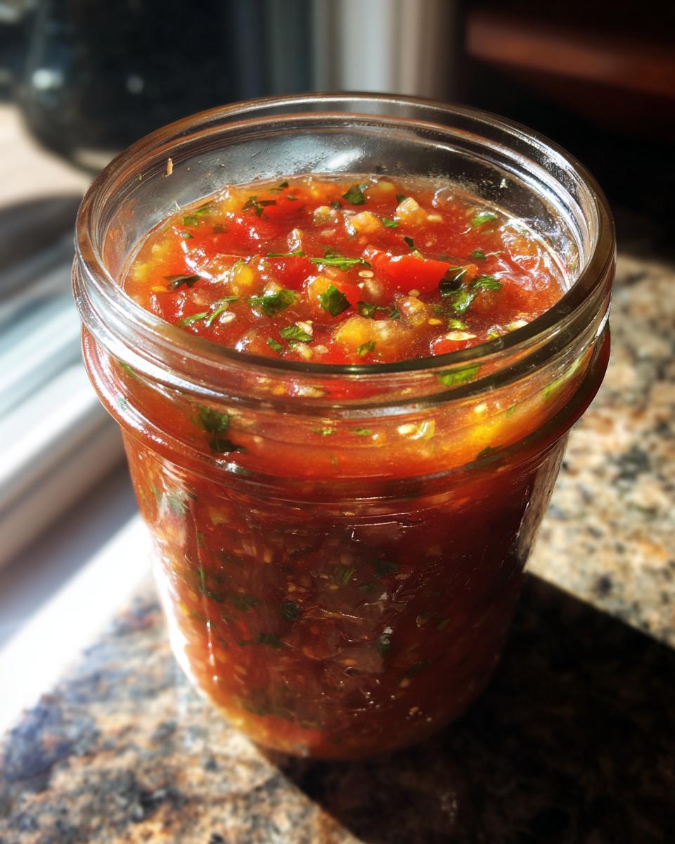 A close-up of a glass jar filled with vibrant fresh tomato canned salsa, showing chunks of tomatoes and herbs.