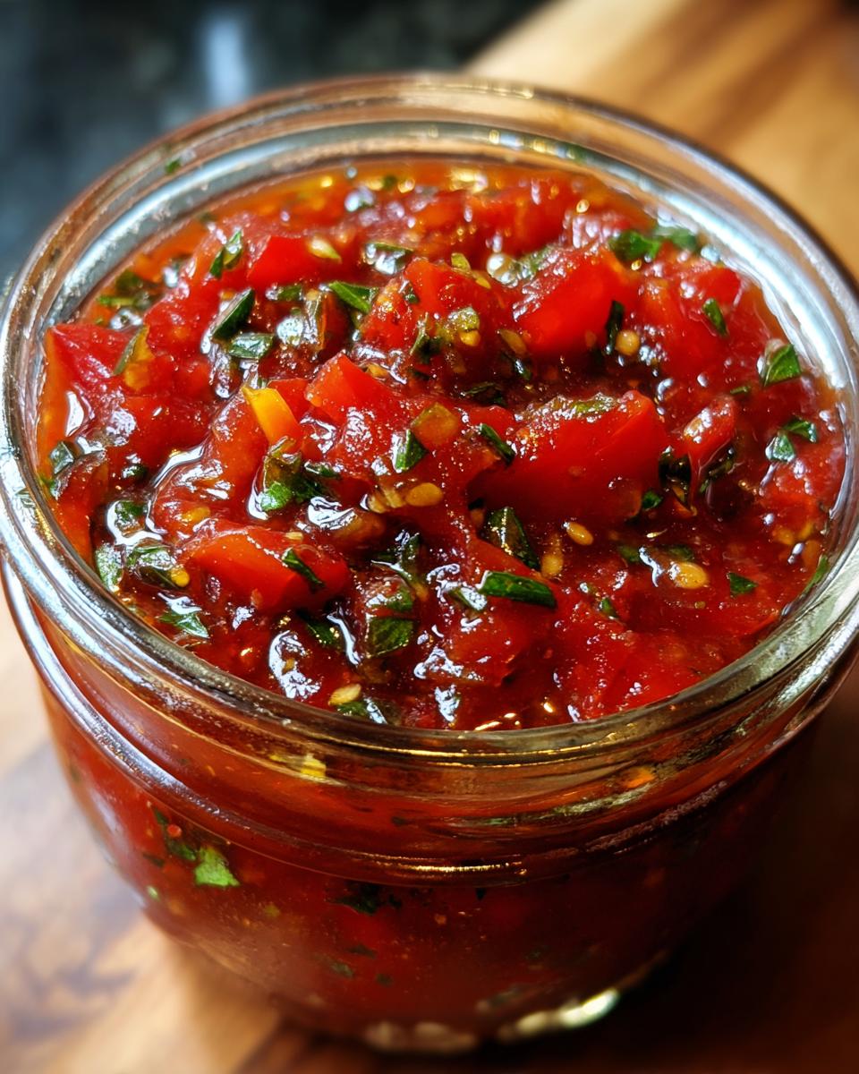 Close-up of a jar filled with vibrant Fresh Tomato Canned Salsa, showing diced tomatoes and fresh herbs.
