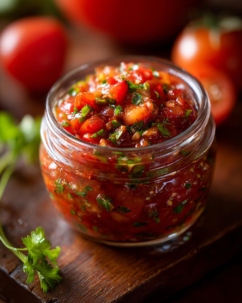 Close-up of a jar filled with vibrant Fresh Tomato Canned Salsa, garnished with parsley.