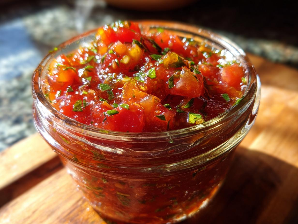 Close-up of fresh tomato canned salsa in a glass jar, garnished with chopped herbs.