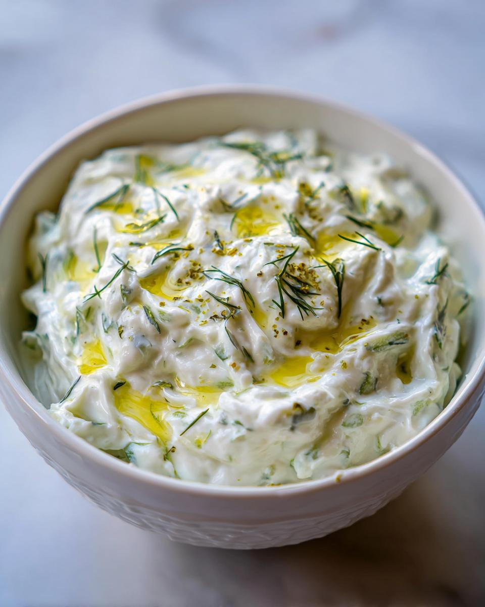 Close-up of a white bowl filled with creamy Tzatziki sauce, drizzled with olive oil and garnished with fresh dill.