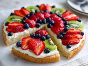 A delicious fruit pizza sugar cookie topped with cream cheese frosting, strawberries, blueberries, and kiwi slices.