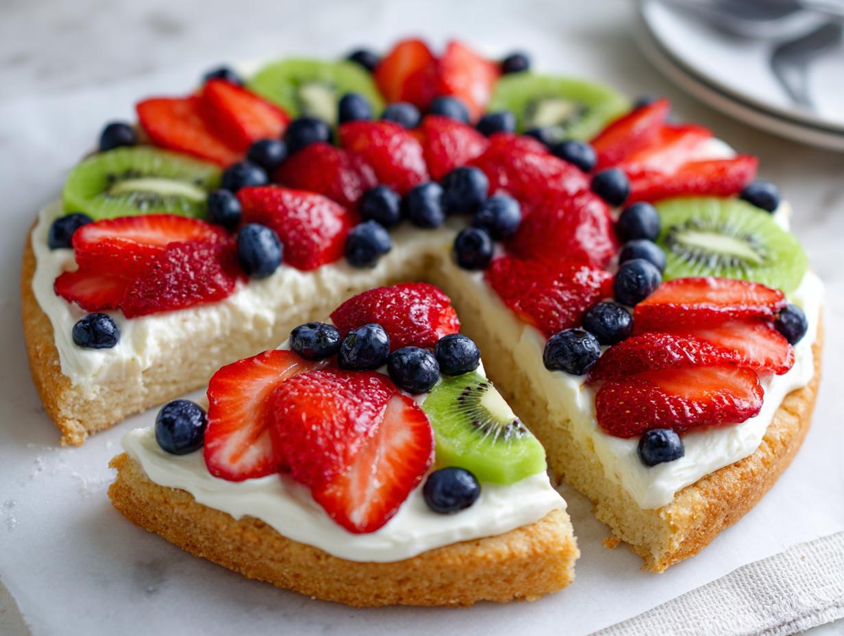 A delicious fruit pizza sugar cookie topped with cream cheese frosting, strawberries, blueberries, and kiwi slices.