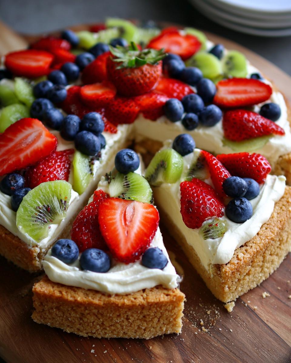 A vibrant fruit pizza sugar cookie topped with cream cheese frosting and fresh strawberries, blueberries, and kiwi.