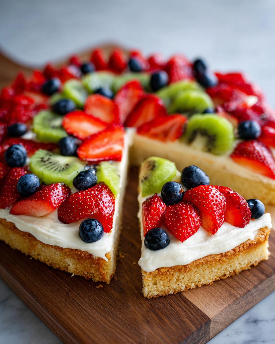 A slice of fruit pizza sugar cookie topped with cream cheese frosting and fresh strawberries, blueberries, and kiwi.