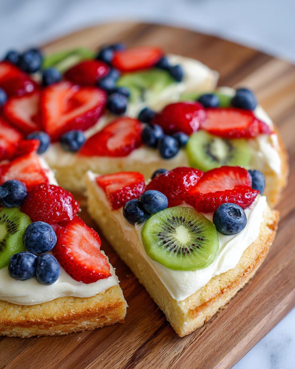 Close-up of slices of fruit pizza sugar cookie topped with cream cheese frosting and fresh strawberries, blueberries, and kiwi.