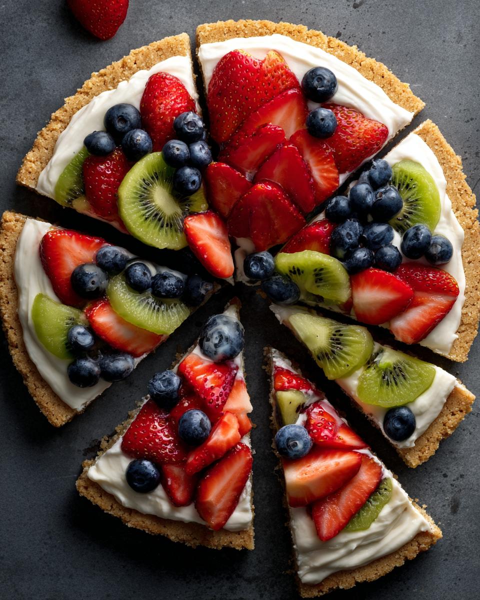 Close-up of delicious fruit pizza sugar cookie slices topped with cream cheese frosting, strawberries, blueberries, and kiwi.