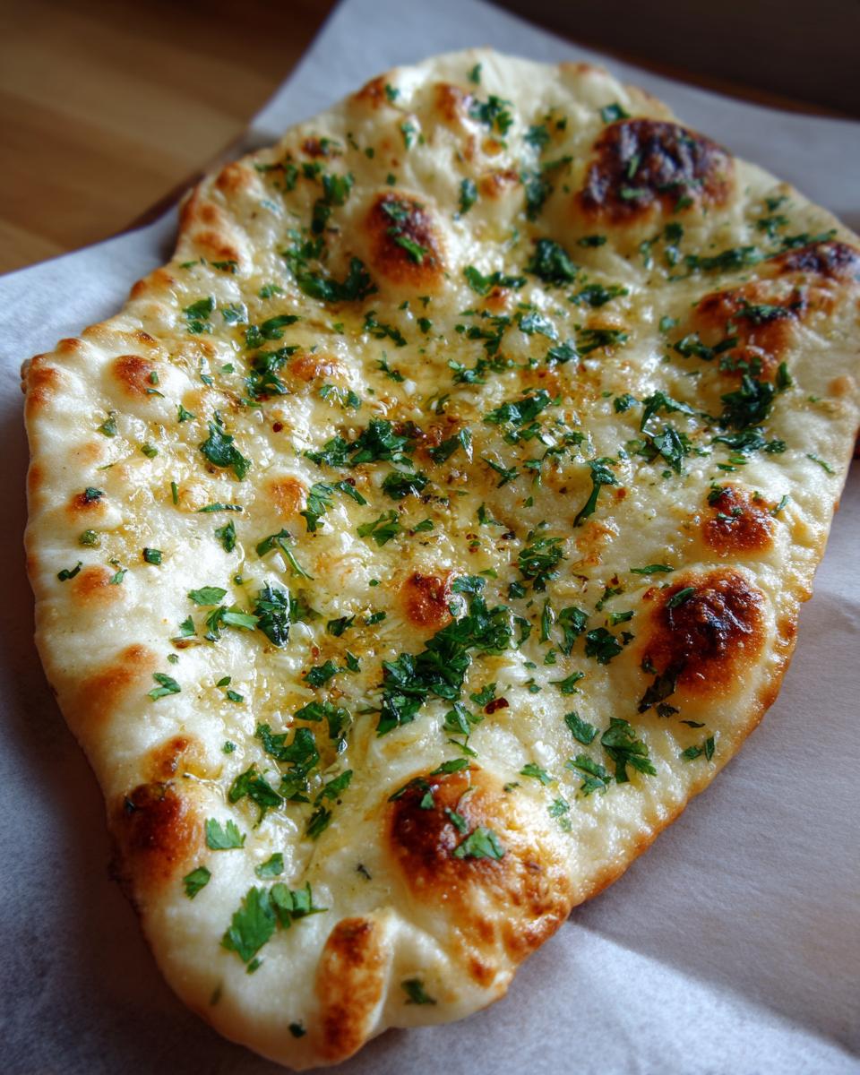 Close-up of a freshly baked garlic naan bread, topped with melted butter, minced garlic, and fresh parsley.
