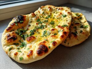 Close-up of two freshly baked garlic naan bread pieces, brushed with butter and sprinkled with chopped parsley.