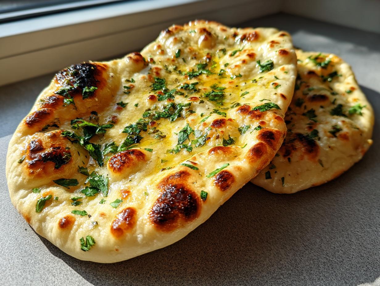 Close-up of two freshly baked garlic naan bread pieces, brushed with butter and sprinkled with chopped parsley.