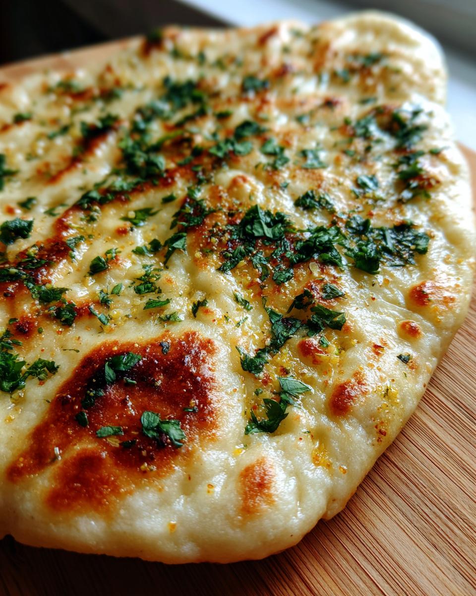 Close-up of a freshly baked garlic naan bread, topped with chopped parsley and glistening with butter.