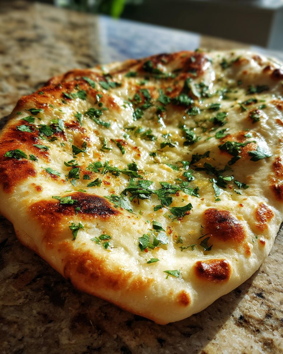 Close-up of a freshly baked garlic naan bread, brushed with melted butter and sprinkled with chopped parsley.