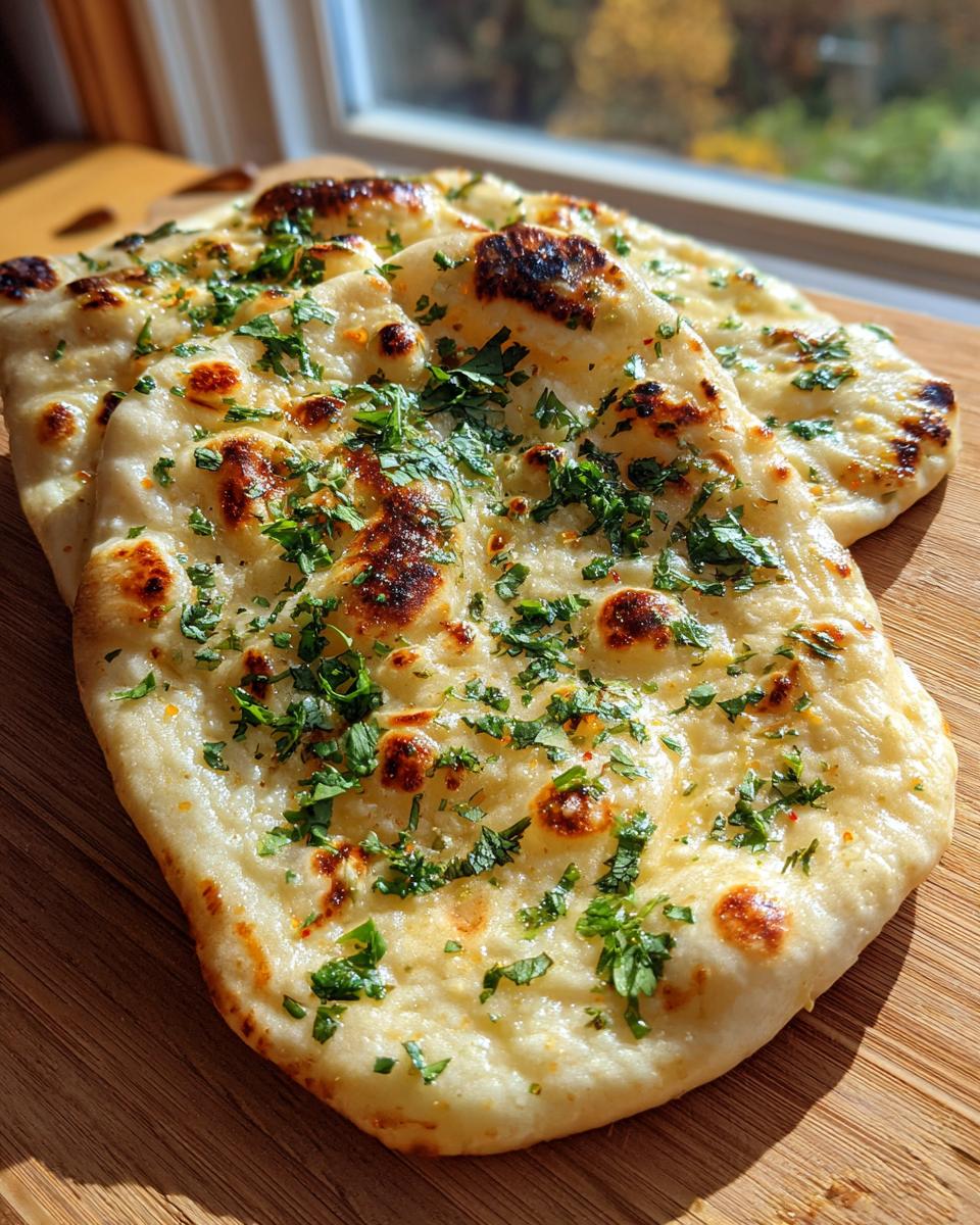 Close-up of freshly baked garlic naan bread topped with chopped parsley and chili flakes on a wooden board.