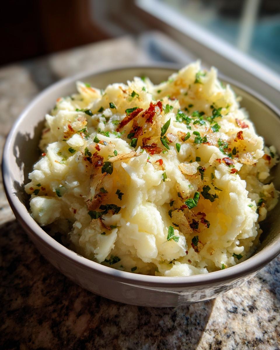 A close-up of a bowl filled with fluffy garlic parmesan mashed potatoes, topped with chopped parsley and crispy bits.