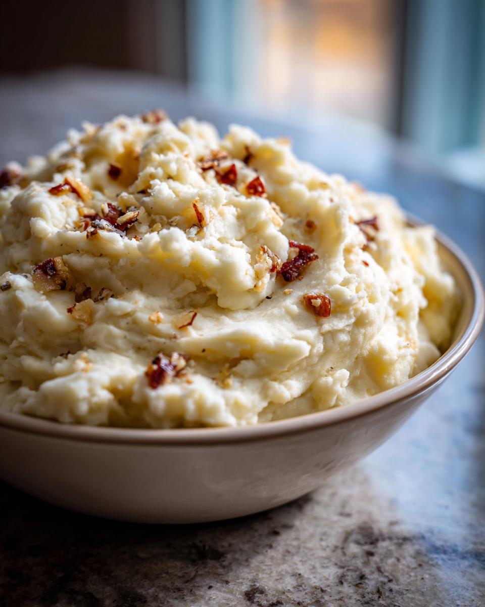 Close-up of creamy garlic parmesan mashed potatoes topped with crispy bits.