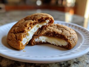 Close-up of a Gingerbread Cheesecake Cookie, split in half to reveal a thick, creamy cheesecake filling.