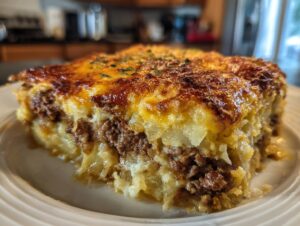 A close-up of a hearty slice of ground beef and potato casserole, with layers of seasoned ground beef and shredded potatoes topped with melted cheese.