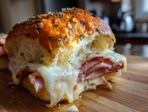 Close-up of a delicious ham and cheese slider with melted cheese oozing out, topped with herbs and spices.