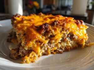 A close-up of a hearty slice of Hamburger Supreme Casserole, featuring layers of seasoned ground beef and melted cheese.