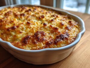 A close-up, overhead view of a golden brown, bubbly hashbrown casserole in a white baking dish.